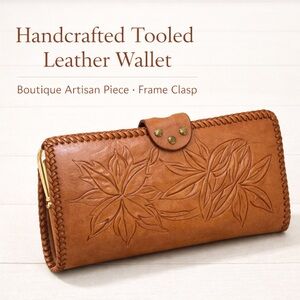 Hand-Tooled Leather Wallet Western Rockabilly Floral Tooled Frame Clasp Brown